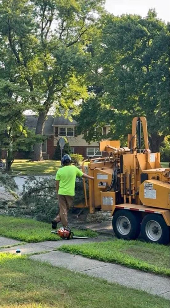 Crew feeding storm limbs into a chipper during tree cleanup