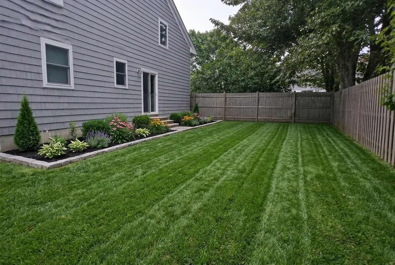 Same backyard with a striped lawn, crisp mulch beds and trimmed shrubs after landscaping
