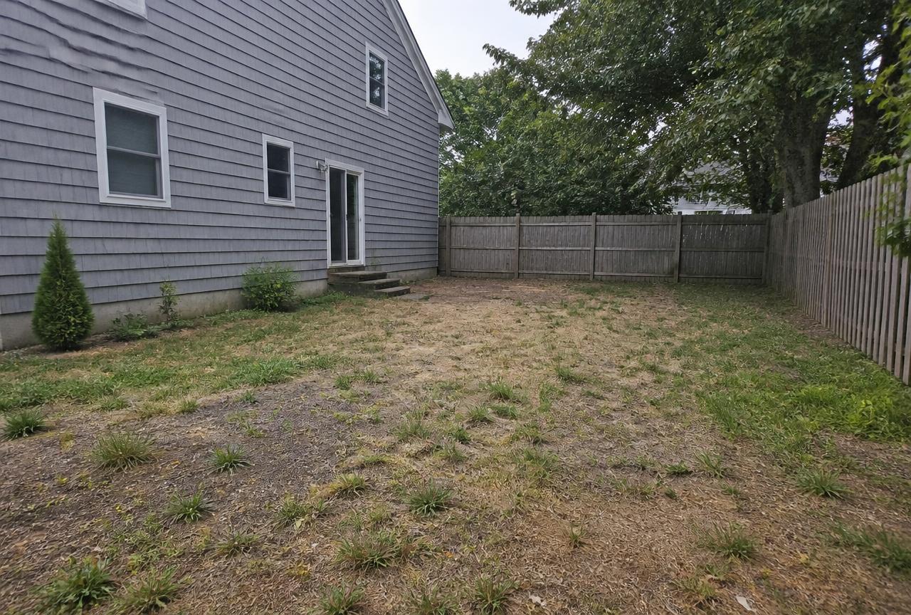 Patchy weedy backyard lawn with tired beds before landscaping