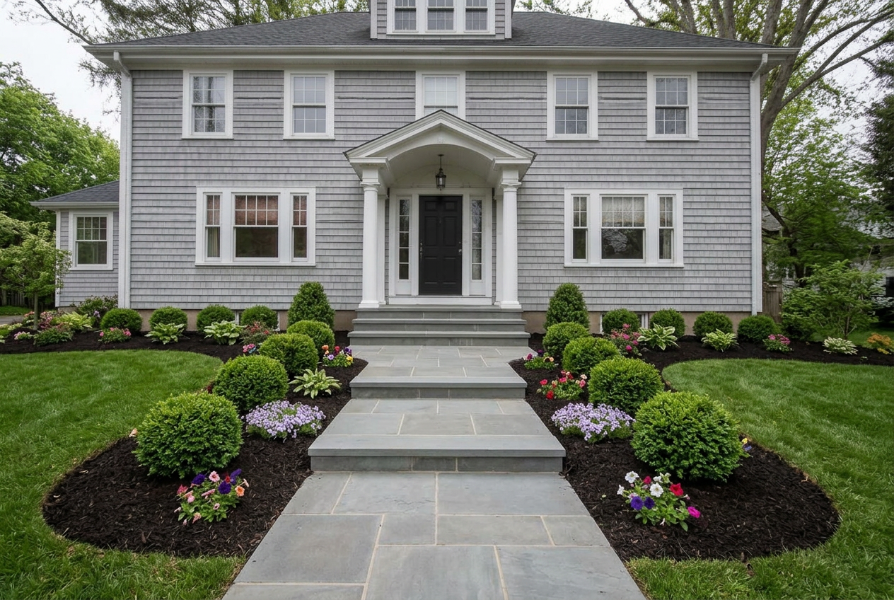 The same front entry with a new bluestone walkway, stone steps, trimmed boxwood and mulched beds