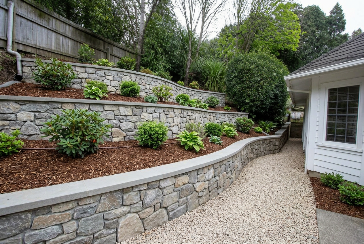 The same slope rebuilt with tiered fieldstone retaining walls, planted beds and a gravel path