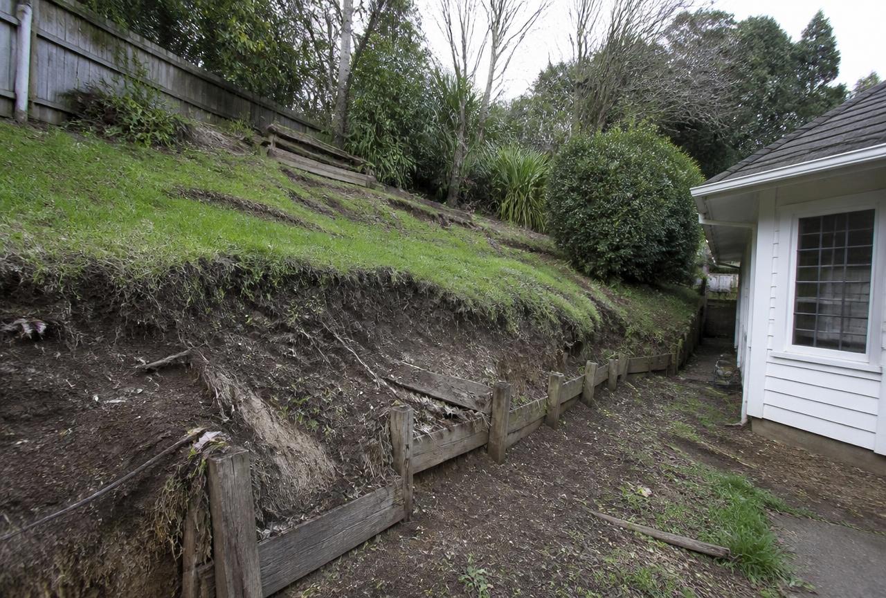 Eroding dirt slope with collapsing timber edging beside a white house before work