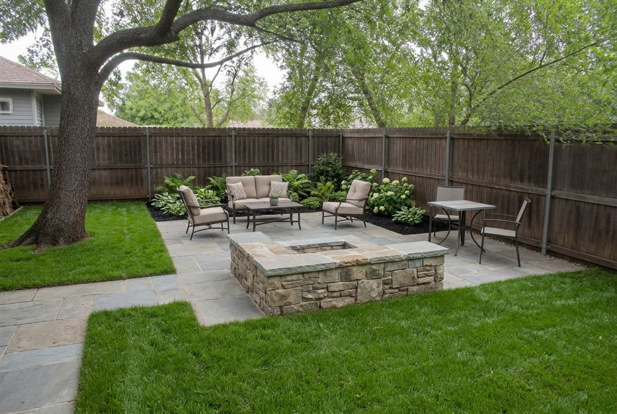 The same corner with a bluestone patio, stone fire pit, new lawn and planted beds after construction