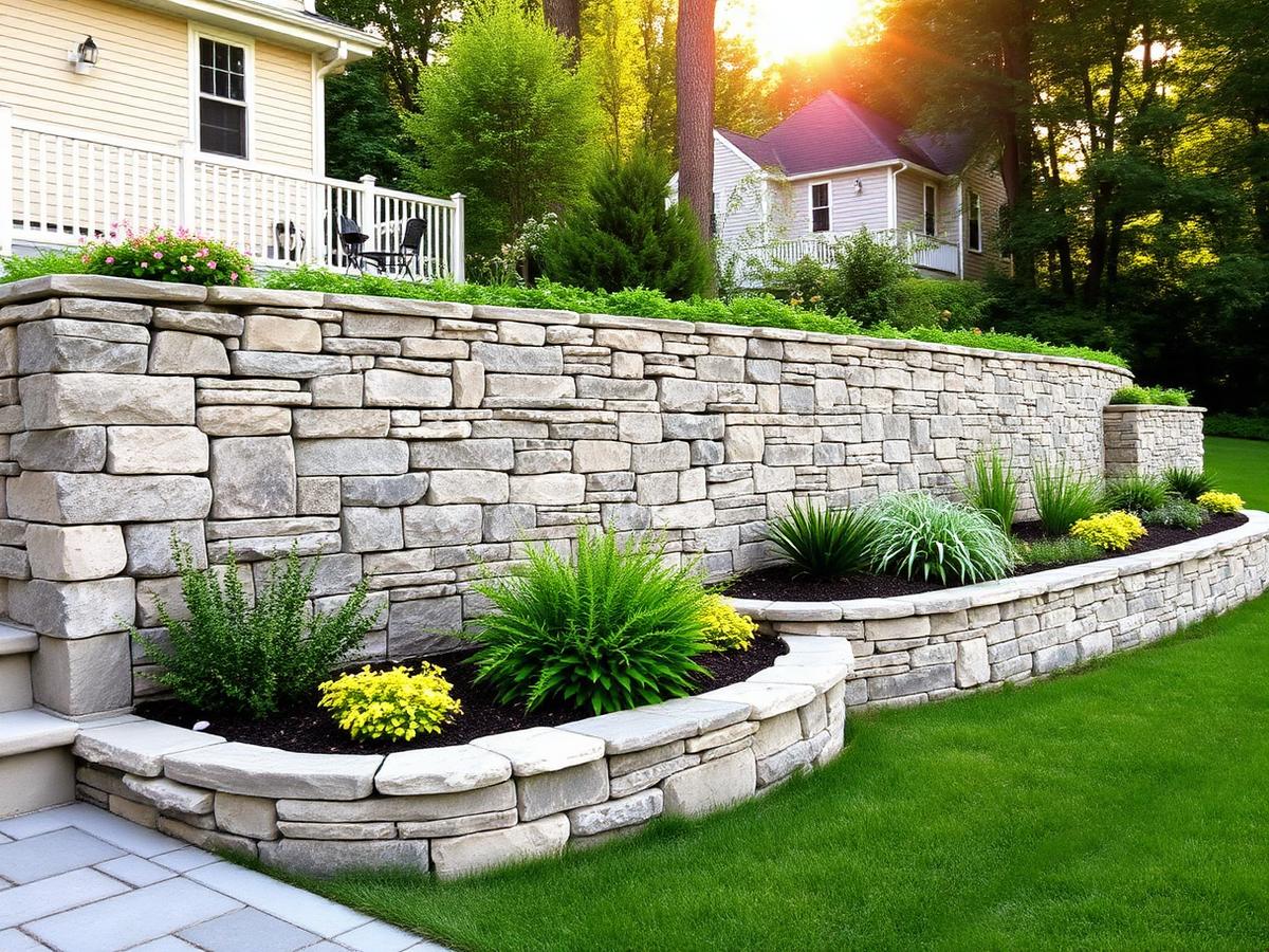 Stone retaining wall with garden beds