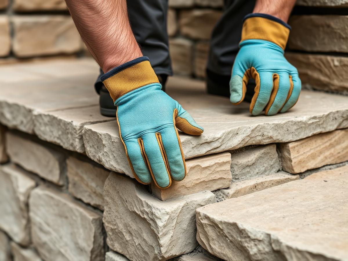 Mason setting natural stone steps by hand