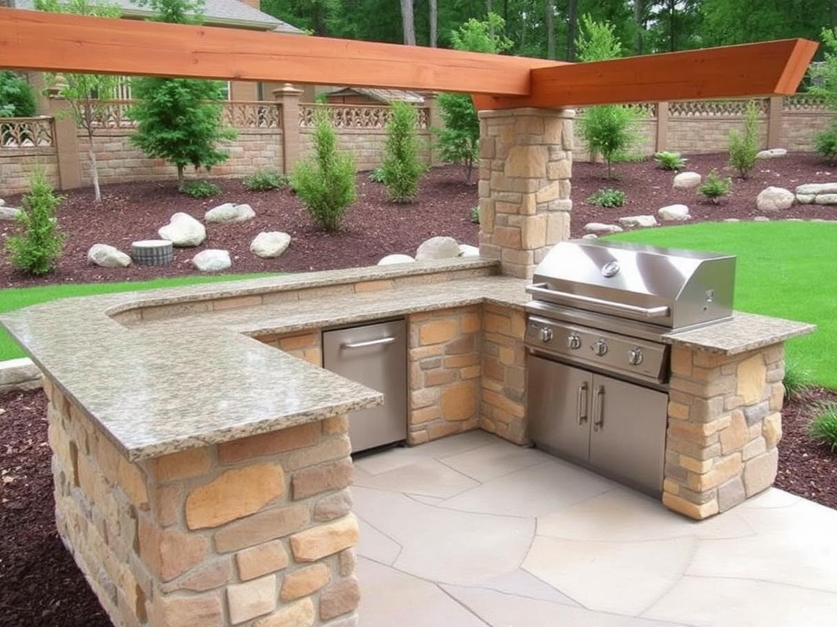 Outdoor stone kitchen with granite counter and built-in grill