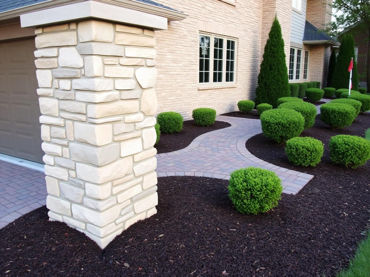 Stone pillar and cobblestone driveway apron with fresh beds